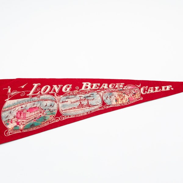 Vintage Long Beach California Landmarks Souvenir Felt Pennant