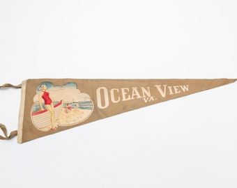 Early Vintage Ocean View Beach Virginia Souvenir Felt Pennant