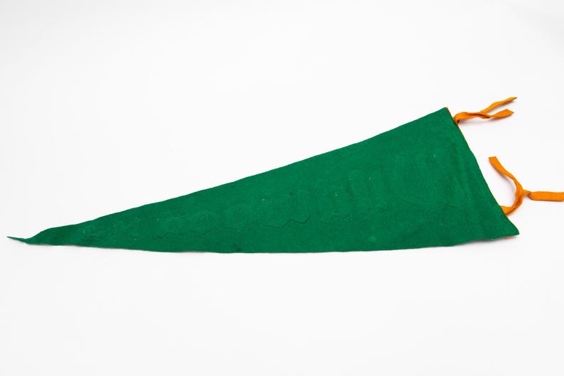 May include: A green pennant flag with orange ties. The pennant is a long, triangular shape, made of a felt-like material. The orange ties are at the top of the pennant.