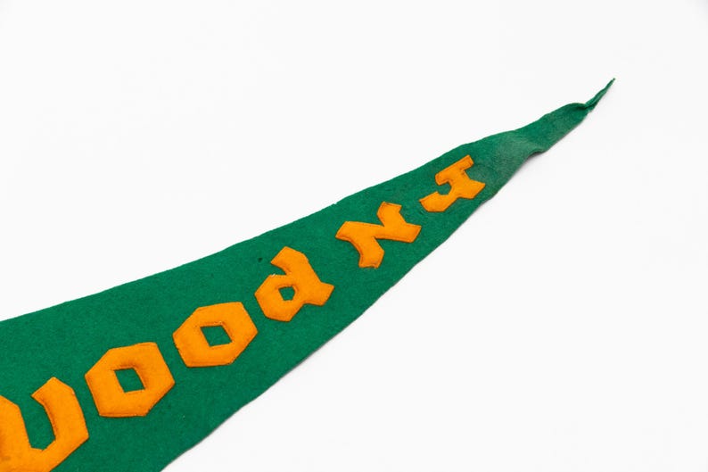 May include: Green felt pennant with orange block letters spelling "WOOD NX". The pennant is a classic shape, with a pointed end. The background is plain white.