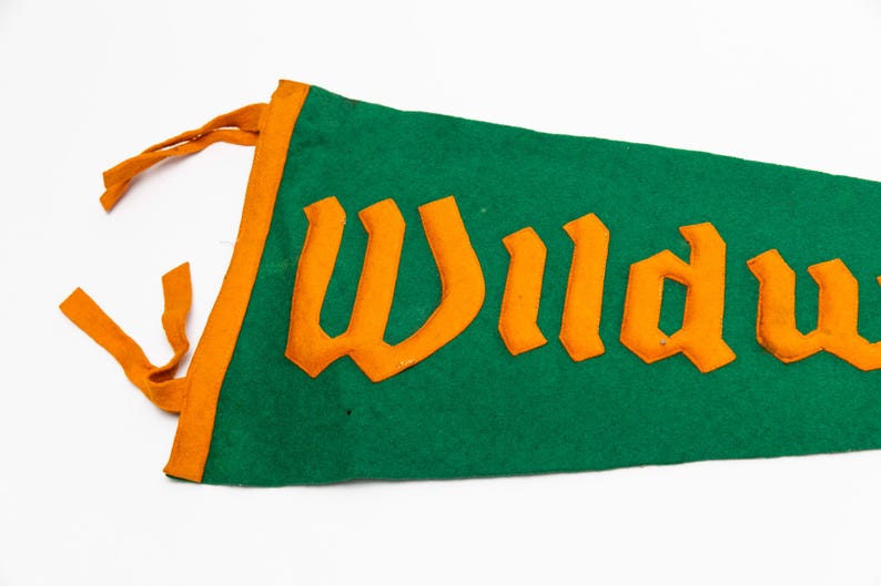 May include: Green felt pennant with orange trim and lettering. The word "Wildwood" is displayed in large, orange, stylized letters. The pennant has orange ties at the top.