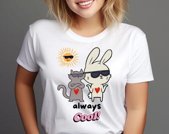 Always Cool Cat Bunny Shirt, Lustiges Tier Duo Design, Süße Haustier T-Shirt, Oversize Baumwollshirt, Freundschaft Motiv, Cat Lover Geschenk