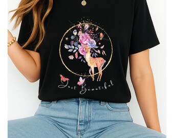 Boho Deer & Floral T-Shirt: Vintage Wildlife Design