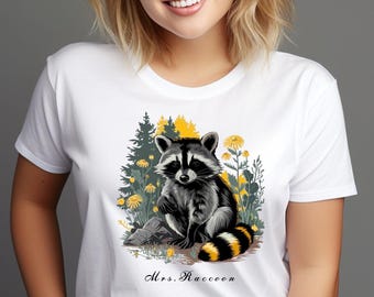Mrs. Raccoon T-Shirt: Vintage Floral Nature Shirt, Woodland Animal Design, Boho Forest Graphic, Cute Wildlife Top