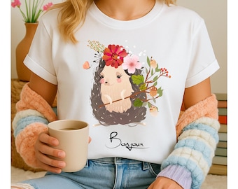 Hedgehog Girl T-Shirt, Adorable Animal Graphic, Floral Wreath Bonjour Tee