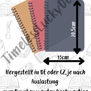 May include: Three spiral-bound notebooks in tan, coral, and navy blue, with dimensions of 13cm x 20.5cm. The image includes the German word "Gr&ouml;&szlig;e" and text about printing with Brother GTX DTG printers.