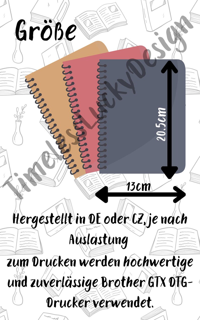 May include: Three spiral-bound notebooks in tan, coral, and navy blue, with dimensions of 13cm x 20.5cm. The image includes the German word "Gr&ouml;&szlig;e" and text about printing with Brother GTX DTG printers.