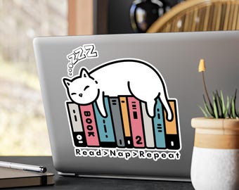 Cozy Cat Reading Books Vinyl Sticker: Book Lover Gift