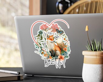 Fuchs Sticker Aquarell Blumen, Waldtier Aufkleber Natur Boho, Deko für Laptop Journal Notizbuch Scrapbooking, Laptop Sticker