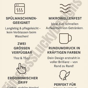 May include: A beige product features text in German, highlighting product features. It includes icons for dishwasher and microwave use, and mentions two sizes: 11oz and 15oz. The text also describes an ergonomic handle and vibrant, full-surface printing.