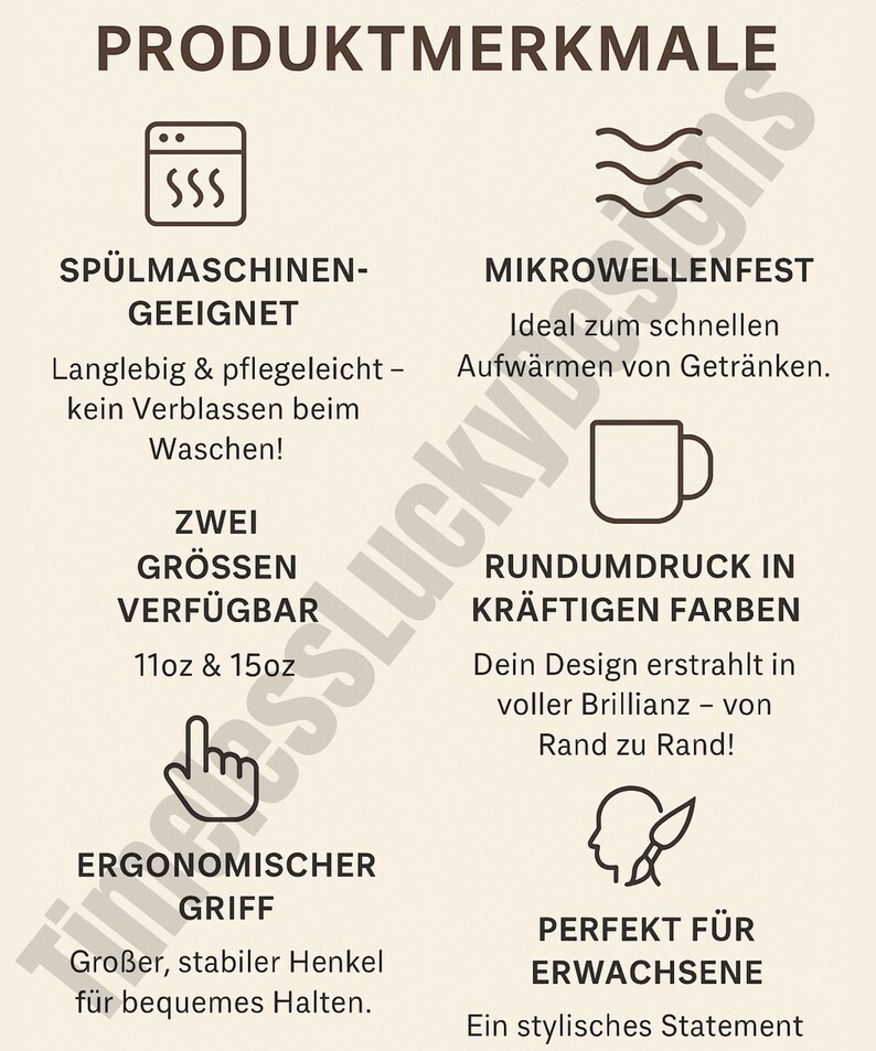 May include: A beige product features text in German, highlighting product features. It includes icons for dishwasher and microwave use, and mentions two sizes: 11oz and 15oz. The text also describes an ergonomic handle and vibrant, full-surface printing.