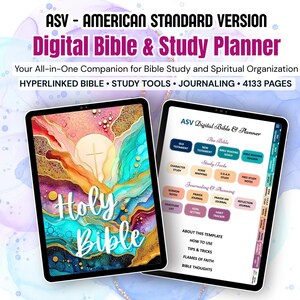 Könnte beinhalten: Zwei digitale Tablets mit einer digitalen Bibel und einem Studienplaner. Der Text lautet "ASV - AMERICAN STANDARD VERSION Digital Bible & Study Planner". Eines zeigt "Holy Bible" mit farbenfroher abstrakter Kunst, das andere Studienwerkzeuge und Journaling-Optionen.