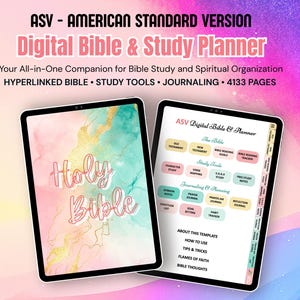 Puede incluir: Un planificador de estudio bíblico digital con un fondo de acuarela rosa y azul. La portada dice "Santa Biblia". El planificador incluye secciones para la lectura de la Biblia, herramientas de estudio, diario y oración. También incluye información sobre la plantilla, consejos y trucos, y pensamientos bíblicos.