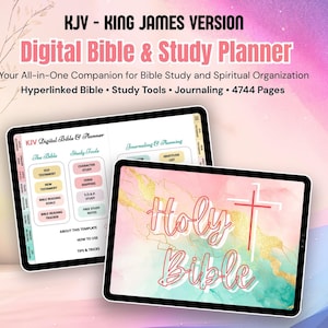 May include: Two digital tablets displaying a digital Bible and study planner. The top tablet shows study tools and Bible reading goals. The bottom tablet features the words "Holy Bible" with a cross graphic. The background is a mix of pink, gold, and teal.