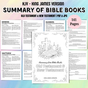 Resumen completo de la Biblia KJV para colorear en blanco y negro: 66 libros en 141 páginas, PDF, JPEG + Seguimiento de lectura