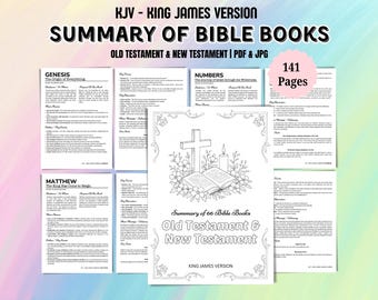Może przedstawiać: Czarno-biała ilustracja krzyża z kwiatami i Biblią. Tekst brzmi "Podsumowanie 66 ksiąg Biblii Stary Testament i Nowy Testament Wersja King Jamesa".