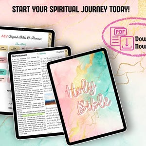 Może przedstawiać: Cyfrowy planer z r&oacute;żowo-zielonym tłem akwarelowym. Planer jest otwarty na Księgę Rodzaju, rozdział 1. Tekst "Holy Bible" jest napisany na okładce r&oacute;żowym i czerwonym kursywą. Planer nosi tytuł "ASV Digital Bible & Planner".