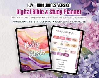 All-in-One KJV Digitaler Bibelstudienplaner Pink Lila, verknüpftes PDF für Goodnotes, tägliche Hingabe, Gebetstagebuch, Bibellese-Tracker