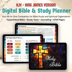 Könnte beinhalten: Eine digitale Bibel- und Studienplaner-App auf einem Tablet-Bildschirm. Die App bietet eine hyperverlinkte Bibel, Lernwerkzeuge, ein Tagebuch und 4744 Seiten. Der Bildschirm zeigt das Alte Testament, Genesis und ein Buntglaskreuz mit den Worten "Heilige Bibel".