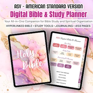 May include: Digital Bible and Study Planner on two tablets. The tablets display the text "Holy Bible" and a study guide. The background features a watercolor design with pink, gold, and purple hues. The text "ASV - AMERICAN STANDARD VERSION" is at the top.