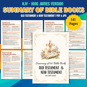 May include: A summary of the Bible in 66 books, with a floral illustration of a cross, a candle, and an open book. The text reads "Summary of 66 Bible Books Old Testament & New Testament King James Version".