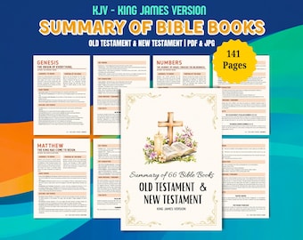 Może przedstawiać: Podsumowanie Biblii w 66 księgach, z ilustracją kwiatową krzyża, świecy i otwartej książki. Tekst brzmi "Summary of 66 Bible Books Old Testament & New Testament King James Version".