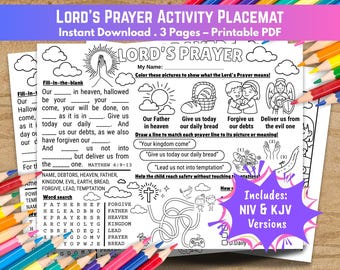 Mantel individual con actividades del Padrenuestro: Juegos cristianos para colorear (Descarga digital)