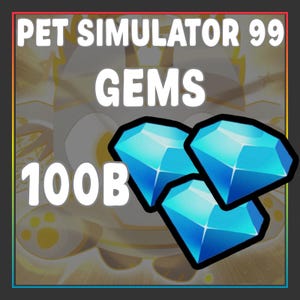 May include: A digital graphic featuring three bright blue, faceted diamond-shaped gems. The text PET SIMULATOR 99 GEMS is displayed at the top in white, with the text 100B positioned on the left side against a light background.