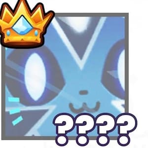 May include: A cartoon image of a blue character with large oval eyes and a small mouth, within a grey square. A gold crown with a blue gem sits above the character. Four question marks are below the character.