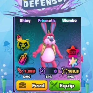 May include: A colourful mobile game interface for "SpongeBob SquarePants: Tower Defence." The screen shows a pink rabbit character, icons, and text including "Feed" and "Equip."