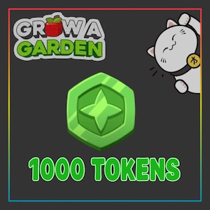 以下が含まれることがあります： 星のデザインの緑色のトークンで、「1000 TOKENS」と「Grow a Garden」のロゴと漫画の猫が描かれています。トークンは六角形で、中央に星があります。背景は濃いグレーで、虹色のボーダーがあります。