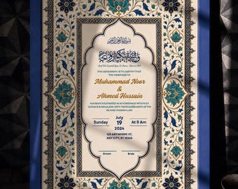 Luxury Nikkah Certificate Canva Template, Editable Muslim Wedding Contract, Islamic Nikah Nama, Blue Gold Floral Marriage Keepsake A3 A4