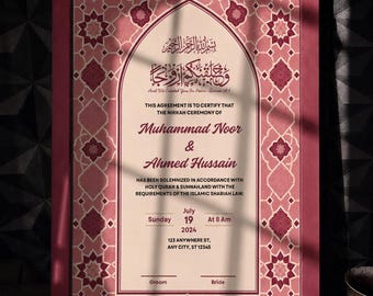 Editable Pink Nikkah Certificate Canva Template, Muslim Wedding Contract, A3 A4 Digital Download
