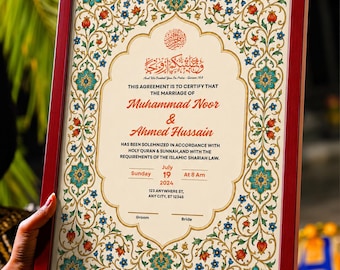 Editable Nikkah Certificate Canva Template, Red Gold Islamic Nikah Nama, Muslim Wedding Contract, Floral Marriage Certificate A3 A4