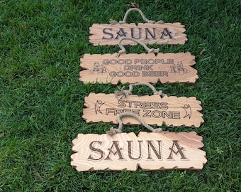 Rustiek SAUNA-bord gemaakt van natuurlijk hout met prachtige lasergravure en jutetouw. Perfect voor sauna's, spa's, tuinhuisjes of als cadeau.