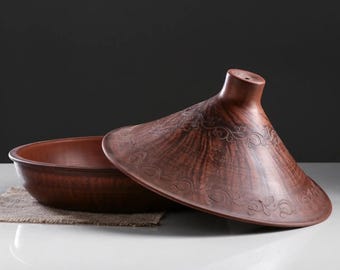 Tagine de cerámica tradicional de 3 litros (30 cm) – Hecho a mano con arcilla roja – Apto para horno y estufa – Olla marroquí para guisos con tapa