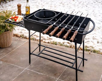 Parrilla de carbón Mangal con accesorio Kazan, desmontable y portátil: parrilla de acero para shashlik para jardín y camping