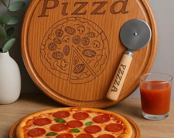 Hoogwaardige houten pizzaset – serveerplank + pizzasnijder – perfect voor elke keuken, 30 cm diameter