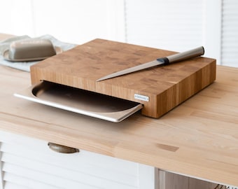 End Grain Cutting Board with Stainless Steel Tray | Oak or Ash Butcher Block | Handmade Wooden Chopping Board | Kitchen Gift