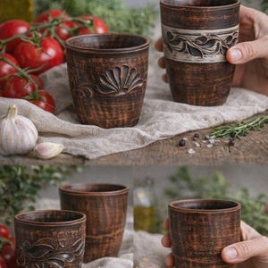 Può includere: Tazze in ceramica marrone fatte a mano con disegni floreali scolpiti. Una tazza ha una fascia di foglie e una striscia bianca. Le tazze sono esposte con pomodori, aglio ed erbe aromatiche su una superficie di legno.