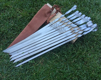 Grillspiesjes, shashlik-spiesjes voor vlees, spiesjes voor mangal met leren tas, shashlik-spiesjes, 6 stuks, 56 cm, roestvrijstalen set