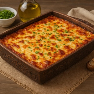 May include: A baked casserole with a golden-brown cheese topping, garnished with green herbs. The dish is in a decorative brown ceramic baking pan on a burlap mat. Garlic, a bowl of herbs, and mushrooms are nearby.