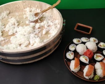 Hangiri Holzschüssel Ø39 cm – Sushi Reis Schüssel aus Naturholz mit Holzspatel | Traditionelle Reisschale für Japanische Küche