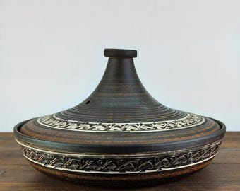 Tagine de cerámica tradicional de 2 L (29 cm) – Hecho a mano con arcilla roja – Apto para horno y estufa – Olla marroquí para guisos con tapa