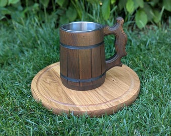 Bierkrug Krug aus dunkel Eichenholz Edelstahl Becher Holzkrug Massivholz