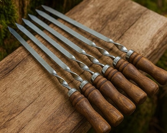Stainless Steel BBQ Skewers 62 cm with Wooden Handle – Reusable Shish Kebab Skewers for Grill, BBQ & Campfire