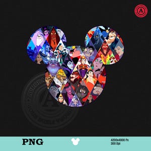 Puede incluir: Un dise&ntilde;o gr&aacute;fico con la silueta de la cabeza de Mickey Mouse, llena de un collage de villanos de Disney. Los villanos est&aacute;n dispuestos en segmentos en forma de diamante, sobre un fondo negro. La imagen incluye el texto "PNG" y "4200x4800 Px 300 Dpi".