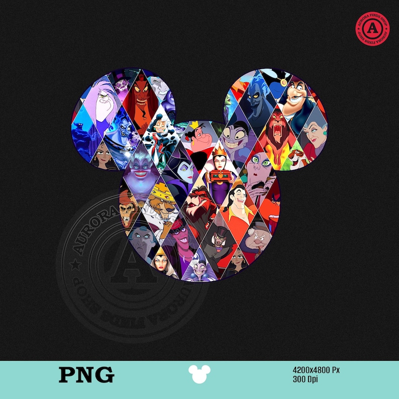 Puede incluir: Un dise&ntilde;o gr&aacute;fico con la silueta de la cabeza de Mickey Mouse, llena de un collage de villanos de Disney. Los villanos est&aacute;n dispuestos en segmentos en forma de diamante, sobre un fondo negro. La imagen incluye el texto "PNG" y "4200x4800 Px 300 Dpi".