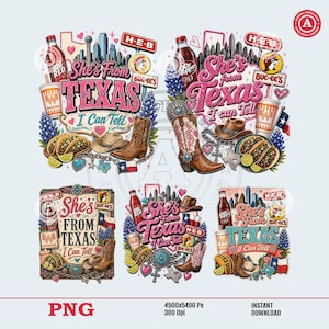 Könnte beinhalten: Ein digitales Grafikdesign-Blatt mit fünf verschiedenen Illustrationen zum Thema Texas. Jedes Design enthält den Text She's From Texas I Can Tell sowie Symbole von Cowboystiefeln, Hüten, Tacos, Lupinen, Dr Pepper, Big Red und texanischen Flaggen.