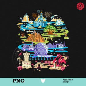 Op de afbeelding: Een kleurrijke grafische illustratie op een zwarte achtergrond, met verschillende bezienswaardigheden en attracties. Het ontwerp bevat een kasteel, een grote geodesische bol en andere iconische structuren, met vuurwerk en een gitaar. De tekst "PNG" staat onderaan.